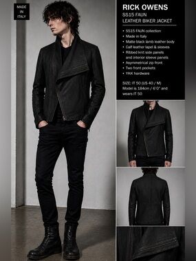 Rick Owens SS15 Faun Leather Biker Jacket Black IT 50 US 40 Lamb Calf
